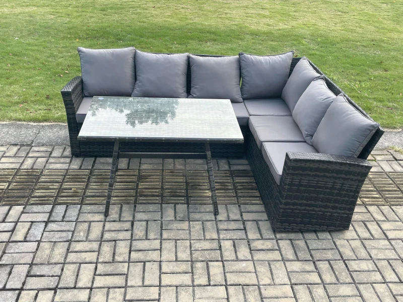 Image of Fimous Outdoor Furniture Garden Dining Set Rattan Corner Sofa Set Rectangular Dining Table with Temper Glass Dark Grey Mixed Dark Grey Unisex