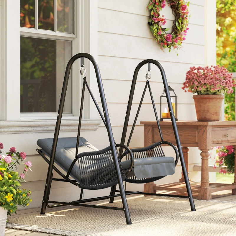 Image of Outsunny Rattan Swing Chair with Stand and Seat Cushion, Dark Grey 867-278V70CG