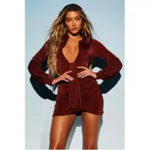 Image of I Saw It First Brown Acetate Slinky Drape Front Shirt Dress - Brown