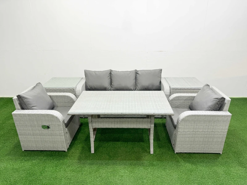 Image of Fimous PE Rattan Garden Furniture Set Reclining Chair Sofa Lounge Sofa Set Rectangular Dining Table 2 Side Table Light Grey Light Grey