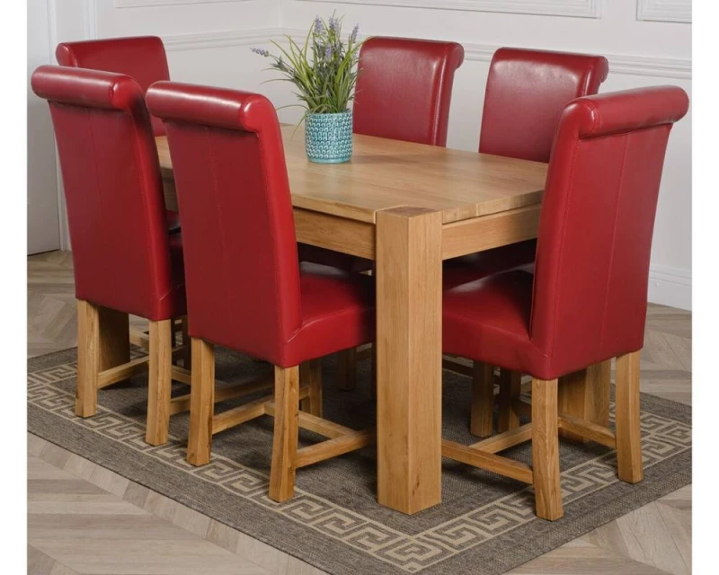 Image of Thats Furniture Kuba 180 x 90cm Chunky Oak Dining Table & 6 Washington Leather Chairs in Red Red Unisex 180 x 90 cm