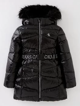 Image of Calvin Klein Jeans Girls Belted Long Down Coat - Black, Size 14 Years, Women