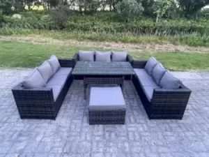 Image of Fimous 9 Seater Outdoor Dark Grey Rattan Lounge Complete Sofa Set with Rectangular Dining Table and Footstool