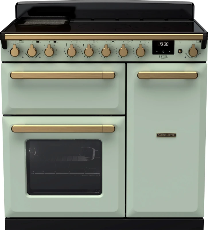 Image of Rangemaster Estel Deluxe ESDL90EIPMNT/AB1 90cm Electric Range Cooker with Induction Hob - Mint / Antique Brass - A/A Rated