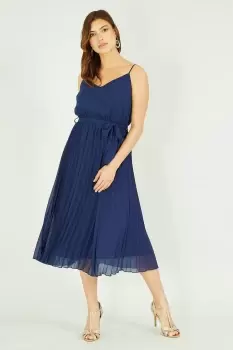 Image of Navy Pleated Strappy Midi Dress