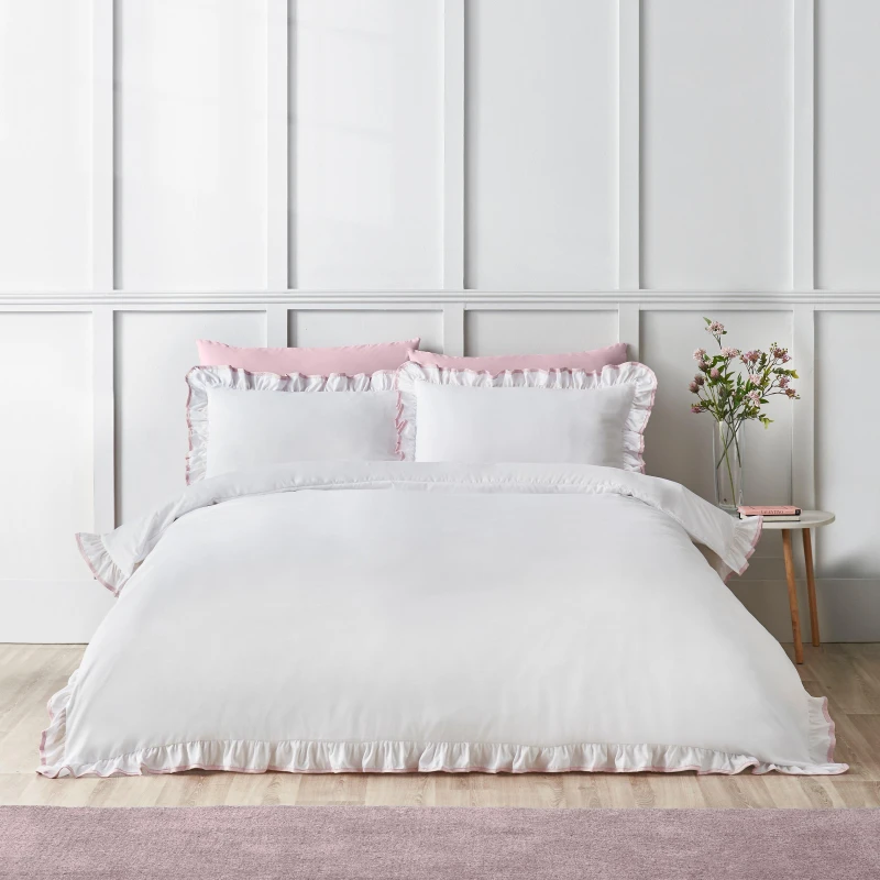 Image of Catherine Lansfield So Soft Mono Frill Duvet Cover Bedding Set White Pink