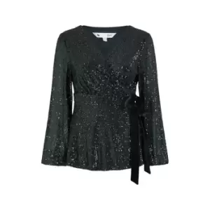 Image of Yumi Black Sequin Wrap Top With Velvet Tie - Black