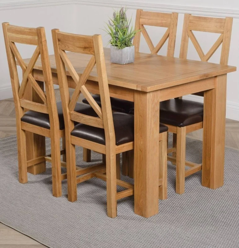 Image of Thats Furniture Hampton 120-160cm Oak Extending Dining Table & 4 Berkeley Leather Chairs in Brown Brown Unisex