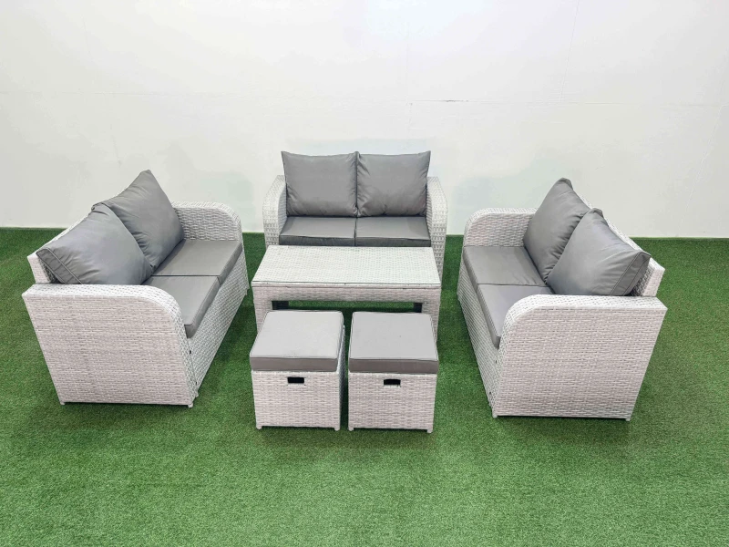 Image of Fimous 8 Seater PE Wicker Rattan Furniture Sofa Sets with Oblong Coffee Table 2 Seater Love Sofa 2 Stool Light Grey Light Grey