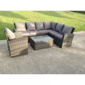 Image of Fimous 6 Seater Outdoor High Back Dark Grey Rattan Garden Furniture Corner Sofa Set with Oblong Coffee Table
