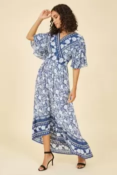 Image of Blue Border Floral Print Wrap High Low Maxi Dress