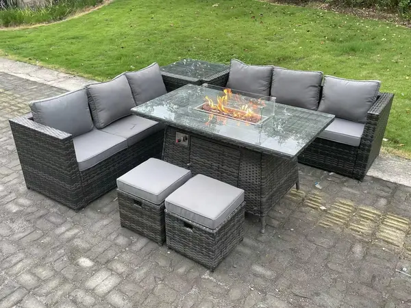 Image of Fimous 6 Seater Outdoor Dark Grey Rattan Lounge Complete Sofa Set with Gas Fire Pit Table, Heater and 2 Stools