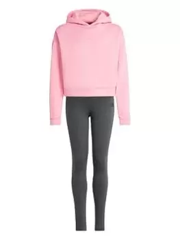 Image of adidas Junior Boys Badge Of Sport Overhead Hoody And Tight Set - Bright Pink, Bright Pink, Size 13-14 Years
