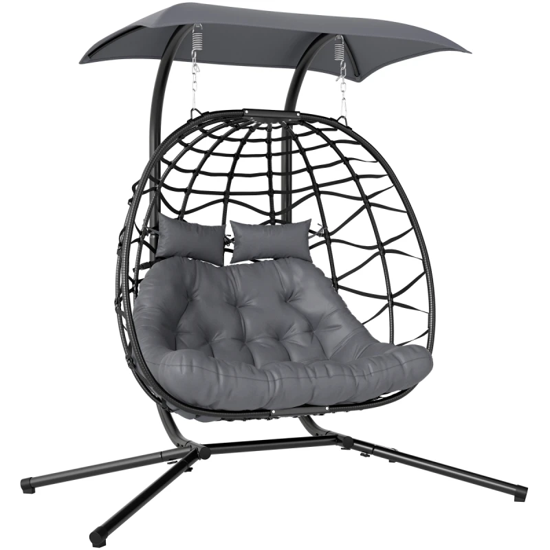 Image of Outsunny Rattan Double Hanging Egg Chair with Canopy, Cushion, Black 867-240V70BK