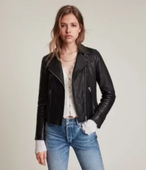 Image of AllSaints Womens Leather Slim Fit Dalby Biker Jacket, Black, Size: 8
