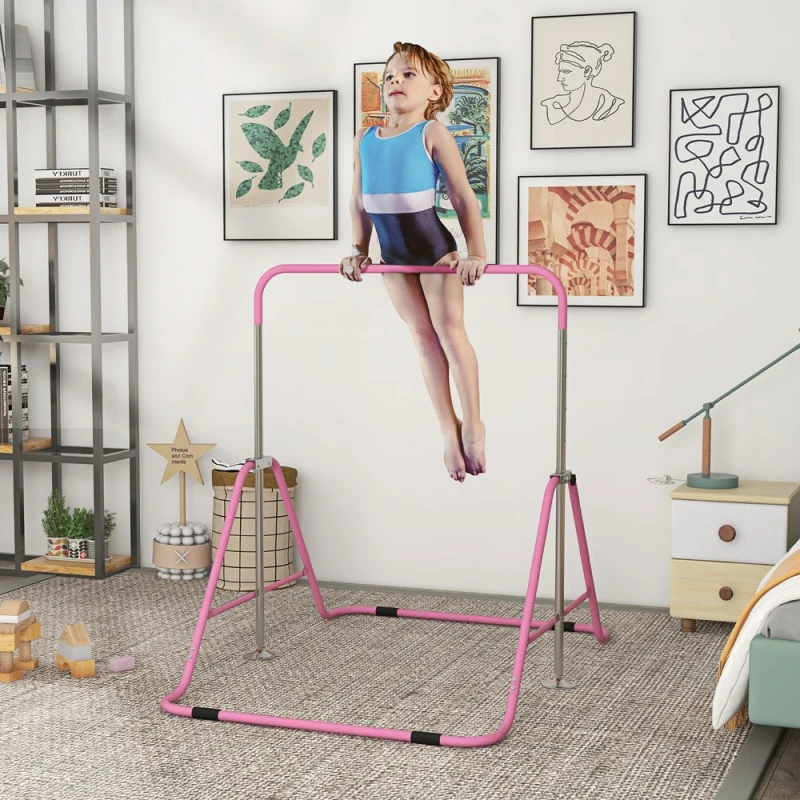 Image of HOMCOM Kids Gymnastic Bar w/ Adjustable Height, Foldable Training Bar - Pink 340-005V01PK