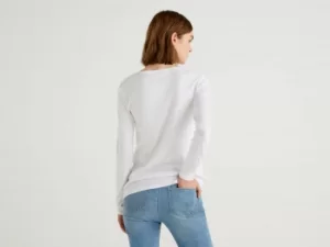 Image of Benetton, Long Sleeve Pure Cotton T-Shirt, taglia S, White, Women