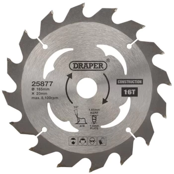 Image of Draper - 25877 TCT Cordless Construction Circular Saw Blade for Wood & Composites 165 x 20mm 16T