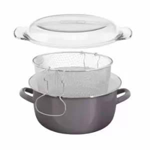 Image of Maison Red Enamel Deep Fryer On Steel, Glass Lid