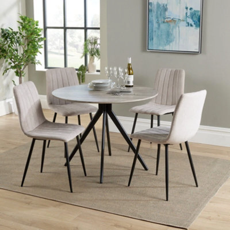 Image of Core Products Aspen Grey Oak Effect 100Cm Round Dining Table With 4 Natural Fabric Straight Stitch Design Chairs