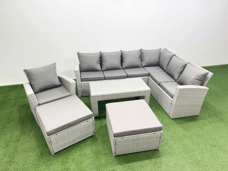 Image of Fimous 9 Seater Garden Outdoor Rattan Furniture Set Coffee Table with Stools in Light Grey Light Grey Unisex