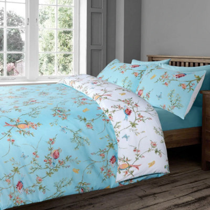 Image of Velosso Birds Floral Cotton Rich Printed Duvet Cover & Pillowcase Set in Duck Egg Blue Size: Super King Duck Egg Blue Unisex Super King