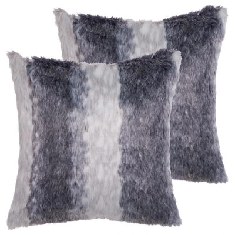 Image of Beliani Set Of 2 Decorative Cushions Hordeum Faux Fur 45 X 45cm Grey Striped