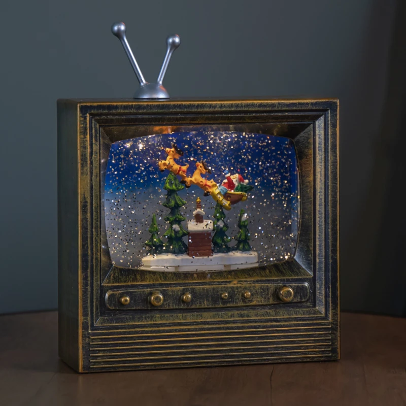 Image of 22cm Battery Operated Light up Antique Gold TV Christmas Water Spinner with Santa Scene & LEDs