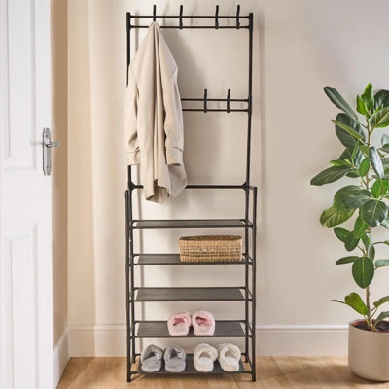 Image of OHS OHS 16 Hook Shelving Rack Storage Tier Unit Hallway Home Decor Wire Office Organiser in Black One Size Unisex 5027434198450