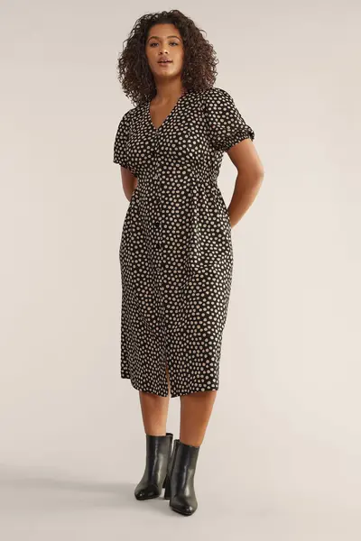 Image of Evans Spot Print Button Front Dress Camel