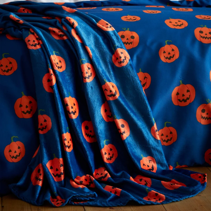 Image of Catherine Lansfield Halloween Pumpkins Throw 130cm x 170cm Navy (Blue)