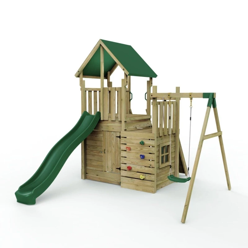 Image of Rebo Wooden Climbing Frame with Play Tower and Slide - M8 Single Swing Brown