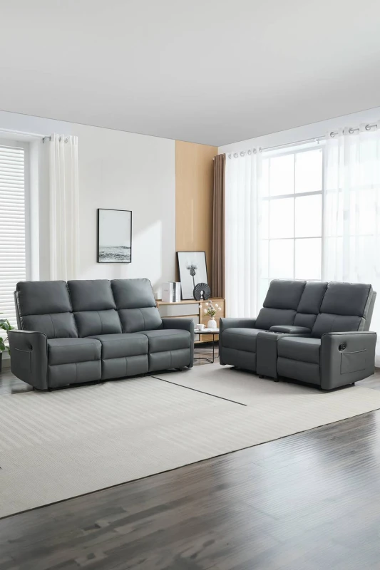 Image of More4Homes Madrid 2+3 Seater W Console Manual Air Leather Recliner Sofa Set Grey