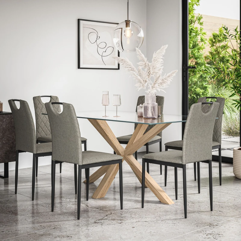 Image of More4Homes Etta Glass Dining Table And Chairs - Glass Top W Solid Oak Legs + Monza Fabric Dining Chair Set Of 6 (Grey)