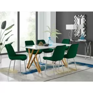 Image of Taranto White High Gloss Dining Table and 6 Green Pesaro Silver Leg Chairs - Green
