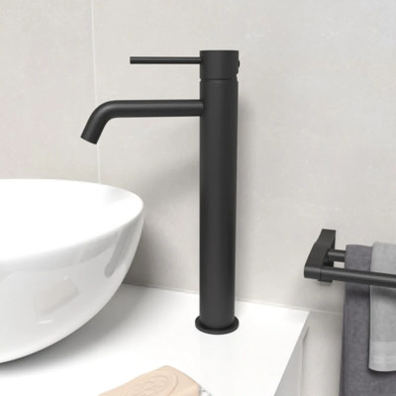 Image of Nes Home Round Single Lever High Rise Bathroom Basin Mono Mixer Matte Black Tap Black