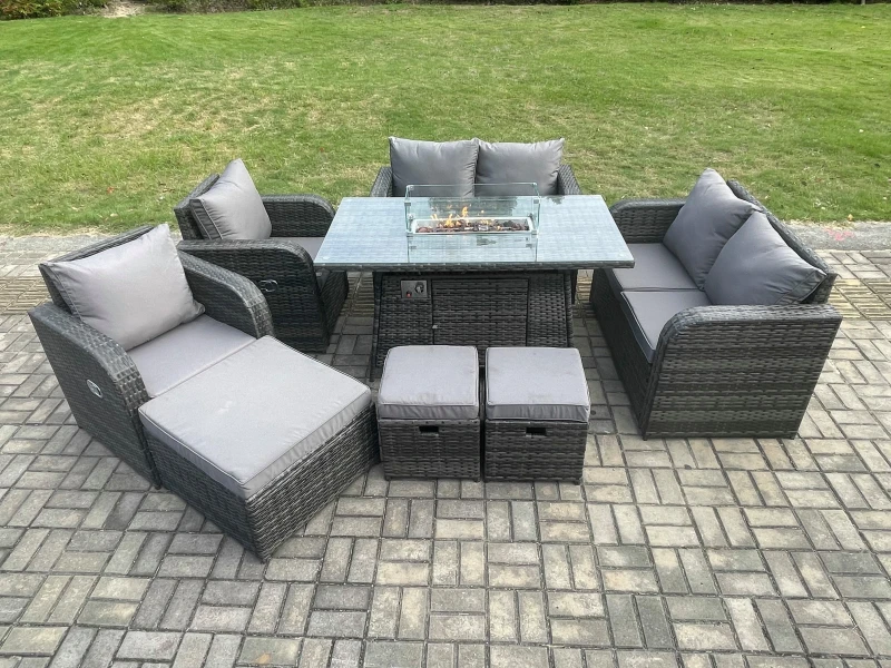 Image of Fimous 9 Seater Rattan Garden Furniture Set Propane Gas Fire Pit Table and Sofa Chair set with 3 Footstool Dark Grey