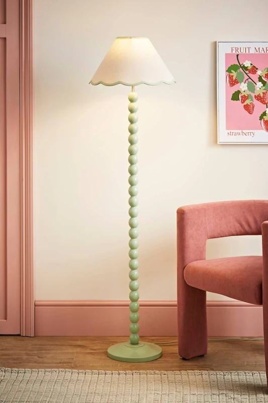 Image of ValueLights Bobbins Sage Green Floor Lamp with Tapered Natural Linen Scallop Shade Green