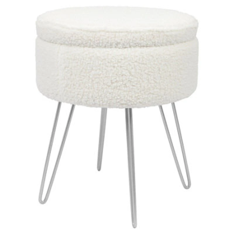 Image of Harbour Housewares Boucle Storage Footstool - Round Modern Dressing Table Footstool Vanity Seat Chairs - 46 X 37Cm Silver Legs
