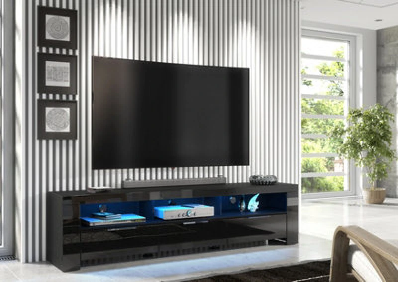 Image of Furneo 200Cm Black Long TV Stand Unit Cabinet Matt & High Gloss Blue LED Lights Phantom 10