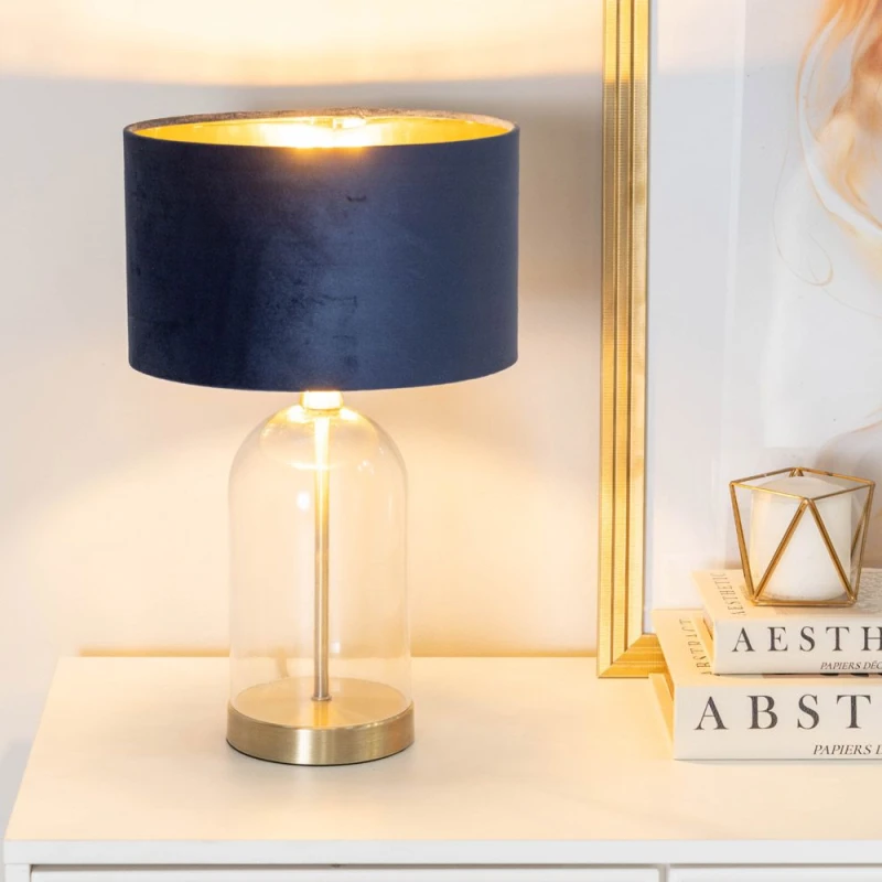 Image of ValueLights ValueLights Jessy Glass with Gold Trim Table Lamp with Velvet Drum with Gold Shade & Bulb in Dark Navy Dark Navy One Size Unisex 505940606