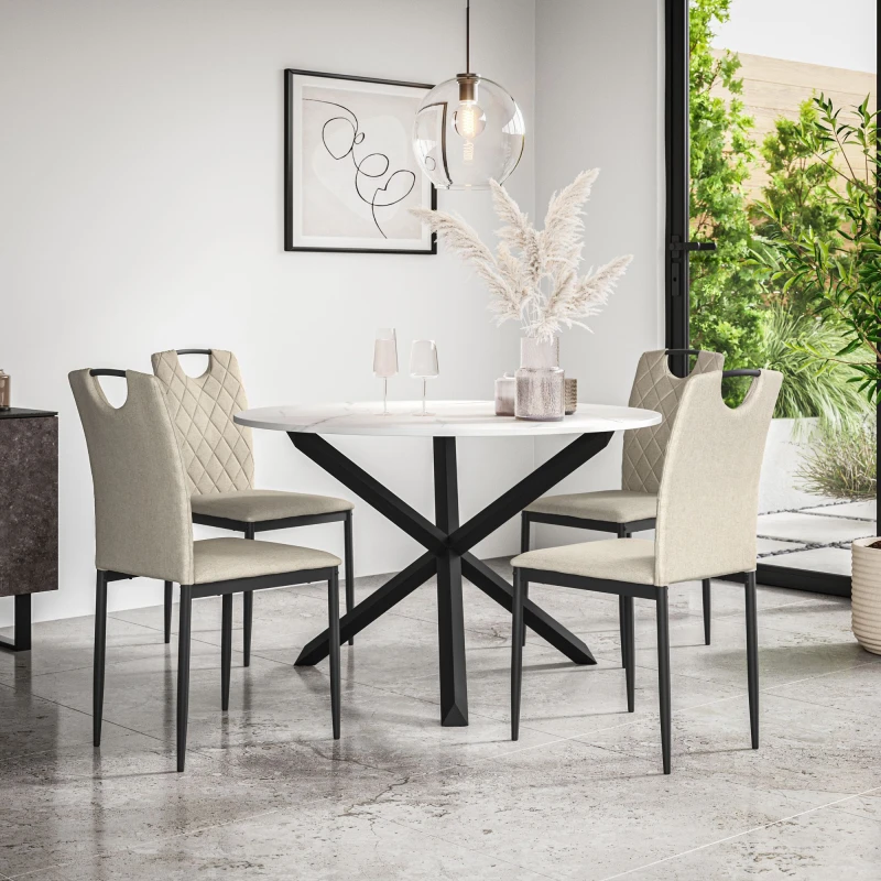 Image of More4Homes Malvern Round Dining Table And Chairs - Marble Table Top W Solid Oak Black Legs + Monza Fabric Dining Chair Set Of 4 (Beige)