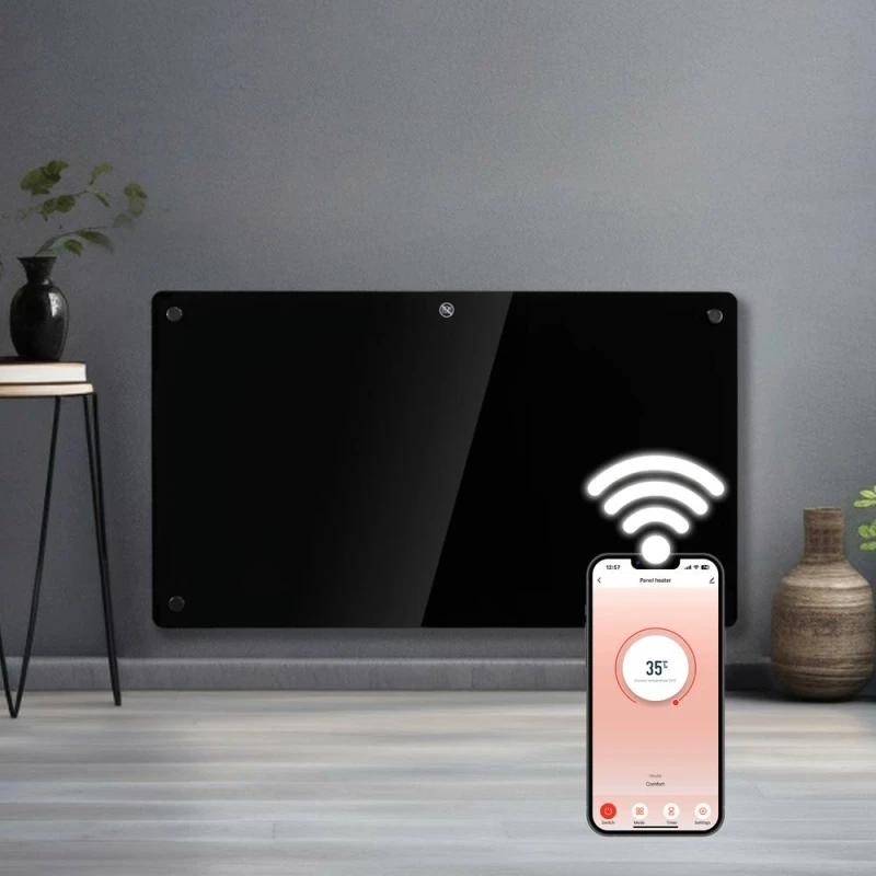 Image of Futura 1500W WIFI Glass Electric Panel Heater Radiator Black Wall Mounted Black Unisex