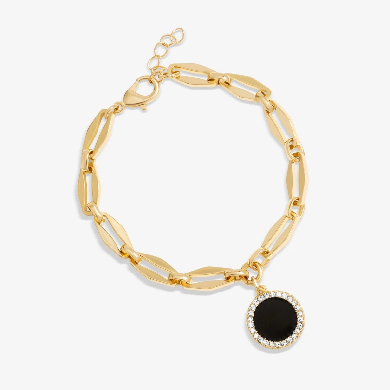 Image of Mood Gold Black Enamel Disc Oval Link Bracelet Gold female