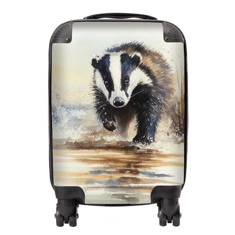 Image of Warren Reed - Designer Wading Badger Watercolour Suitcase in Brown Size: Small Brown Unisex Small