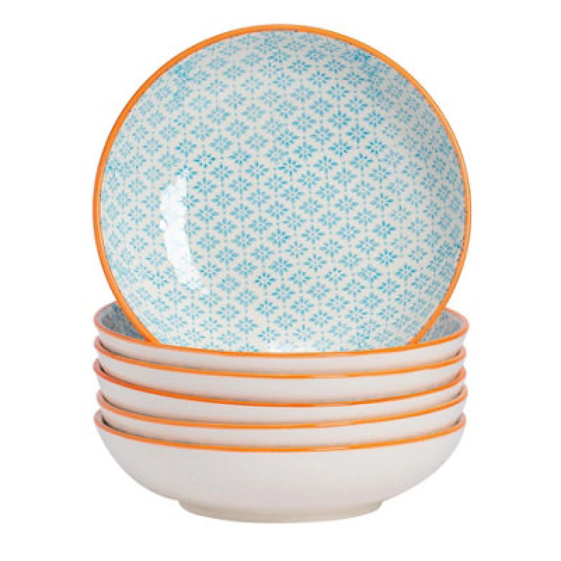 Image of Nicola Spring Hand-Printed Pasta Bowls - 22Cm - Blue - Pack Of 6