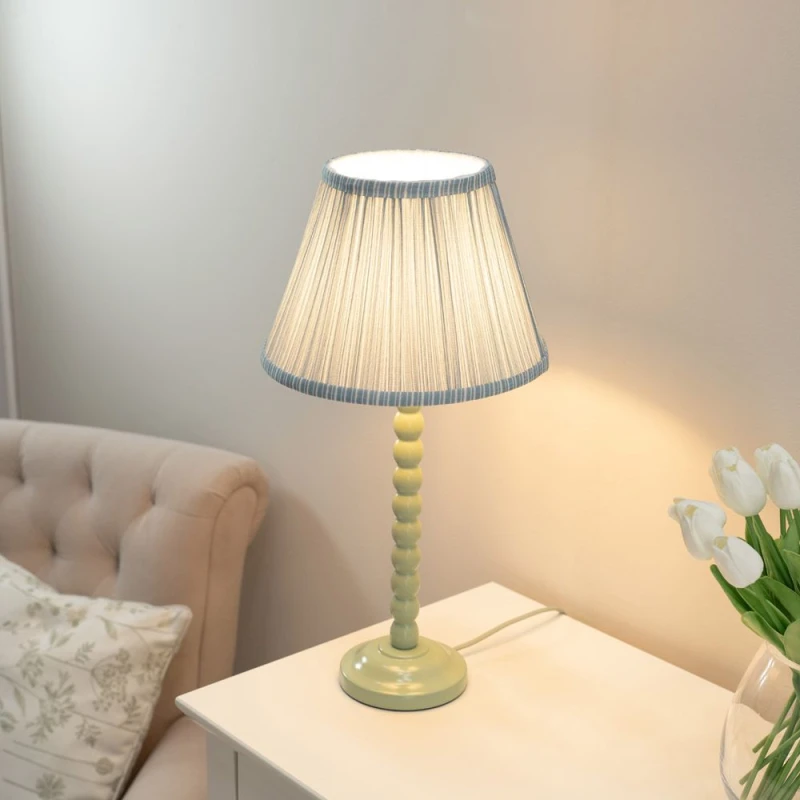 Image of ValueLights Bobbins Sage Green Table Lamp with Tapered Fabric Pleasted Lamp Shade Blue