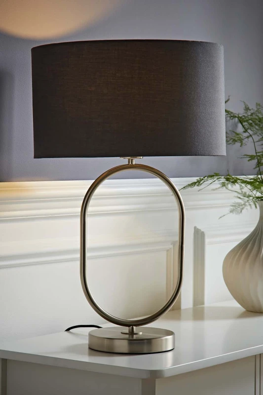 Image of ValueLights ValueLights Antonia Fabric Drum Lamp Shade Brushed Chrome Oval Table Lamp in Charcoal Charcoal One Size Unisex 5059406064746