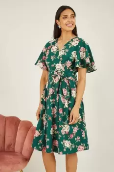 Image of Green Floral Wrap Dress With Angel Sleeve