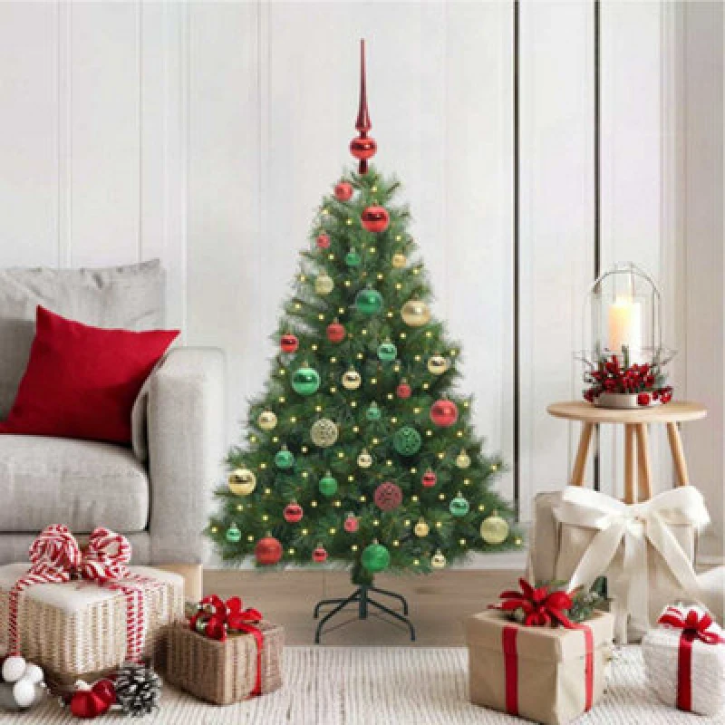 Image of vidaXL Artificial Christmas Tree with 150 LEDs, Multicolour Balls Green 120 x 74cm PE and PVC, Green 3397765